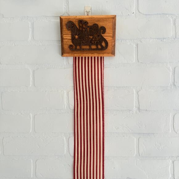 Christmas Holiday Card Holder Brown Sleigh Wooden Topper Red Striped Ribbon - Picture 2 of 7